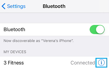 Tocca l'icona blu delle informazioni nel menu impostazioni Bluetooth.
