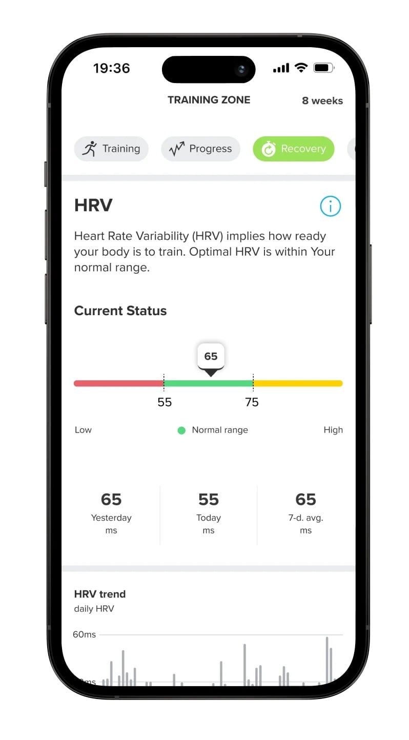 Suunto app HRV status view showing current HRV, normal range and HRV trend.