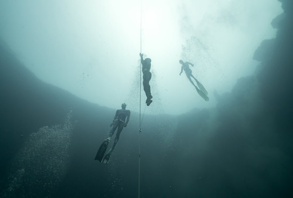 William Trubridge surrounded by safety divers on freediving record attempt