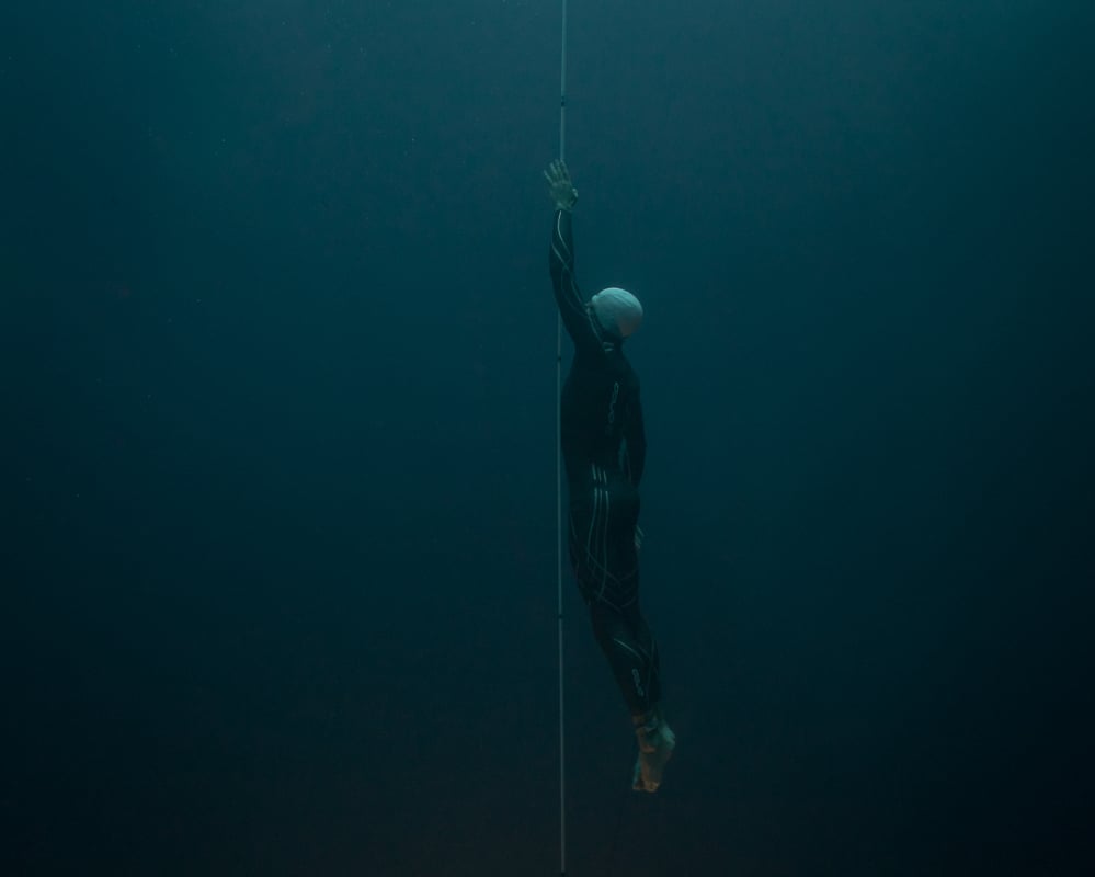 William Trubridge ascending the line on his freediving record attempt