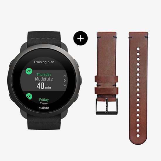Suunto 3 All Black 20 mm Brown Leather Strap