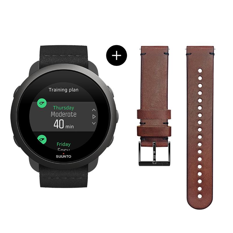 Suunto 3 All Black 20 mm Brown Leather Strap