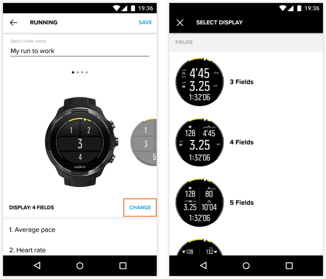 Suunto 앱(Android용)에서 단일 디스플레이의 레이아웃과 데이터 개인화하기