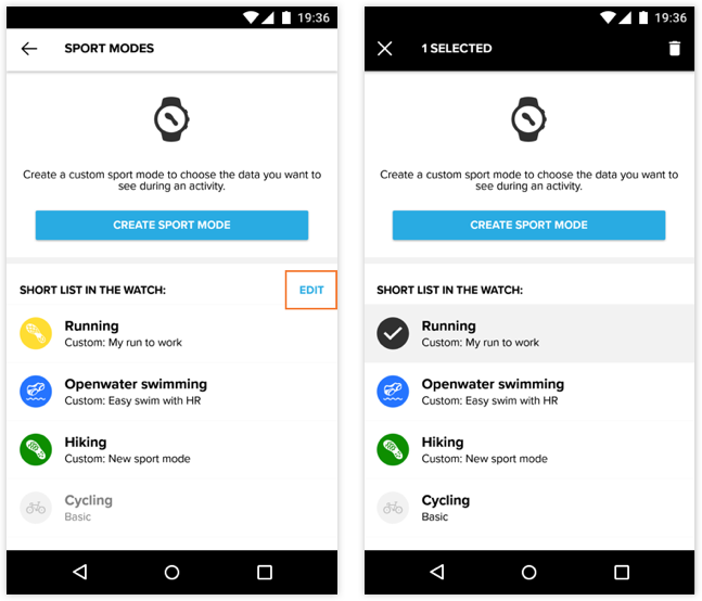 Suunto 앱(Android용)으로 시계의 요약 목록에서 스포츠 모드 관리하기