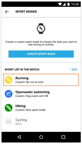 Suunto 앱(Android용)에서 사용자 정의 스포츠 모드 편집하기