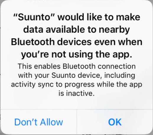 Suunto App-In-App-Benachrichtigungen zum Erlauben der Bluetooth-Freigabe.