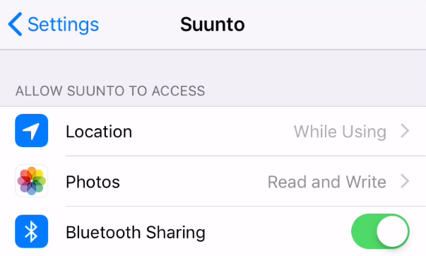 Настройки обмена данными по Bluetooth в приложении Suunto