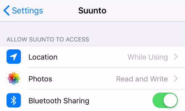 Impostazione condivisione Bluetooth app Suunto 