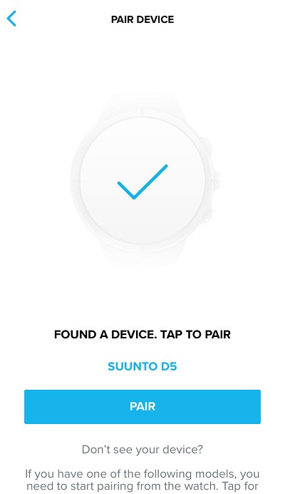 Välj Suunto D5 för att parkoppla den med Suunto-appen för iOS