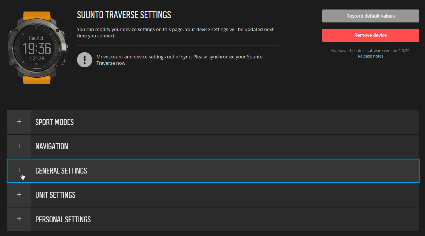 Movescount - Ajustes generales para Suunto Traverse