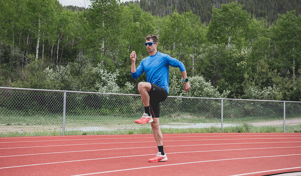 Running form drills: Skip with high knees (“A” skips) 