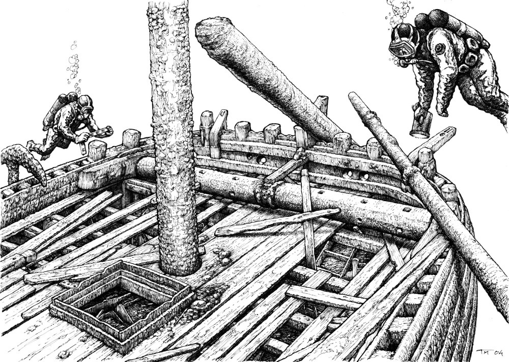 Bow of Vrouw Maria with divers. Drawing by Tiina Miettinen, Finnish Heritage Agency 