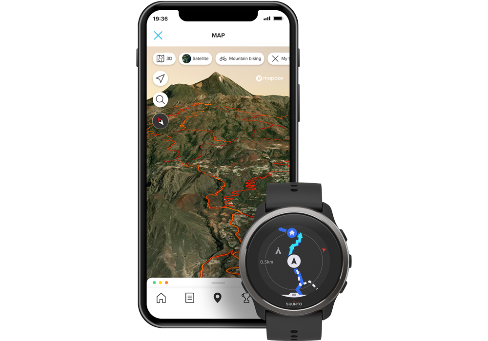 Suunto app heatmap 3D view and Suunto 5 Peak navigation view.