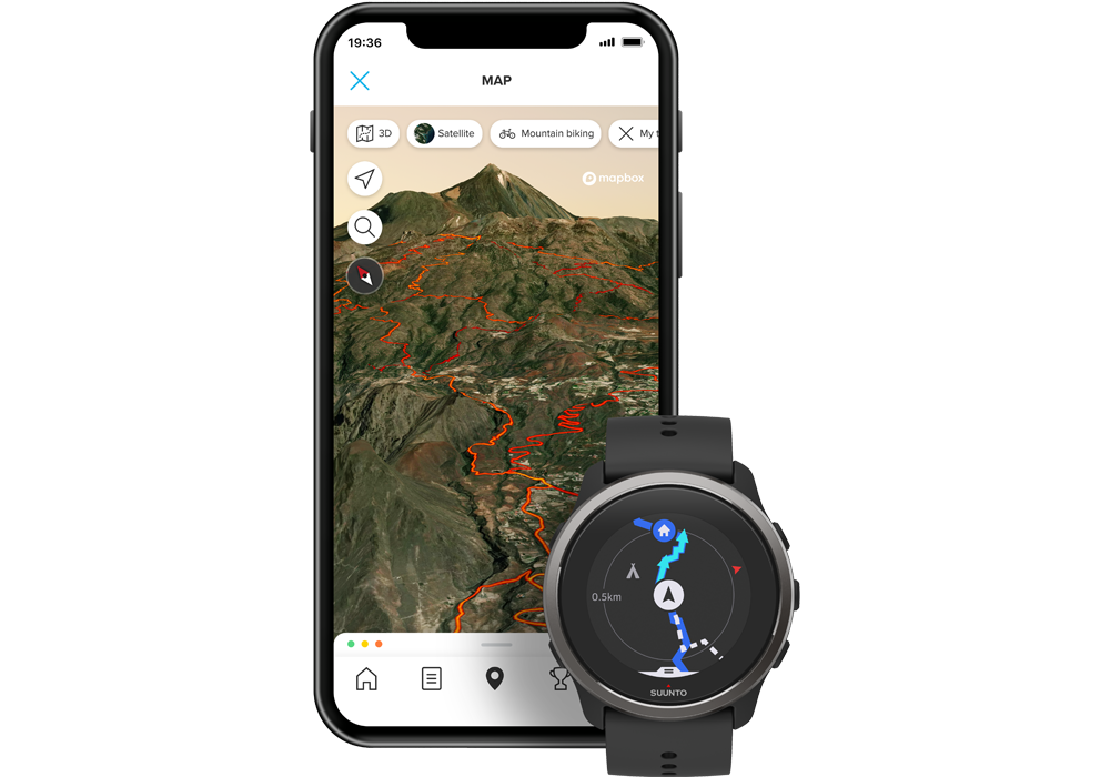 Suunto app heatmap 3D view and Suunto 5 Peak navigation view.