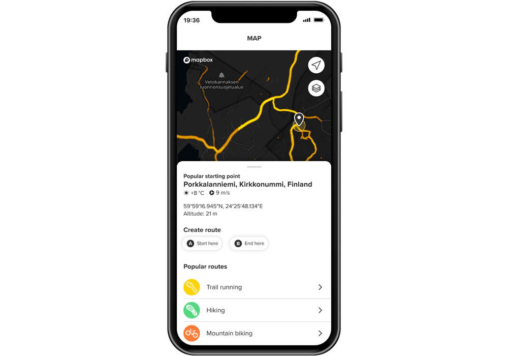 Popular starting point on Suunto app with sunrise and sunset times, temperature and coordinates.