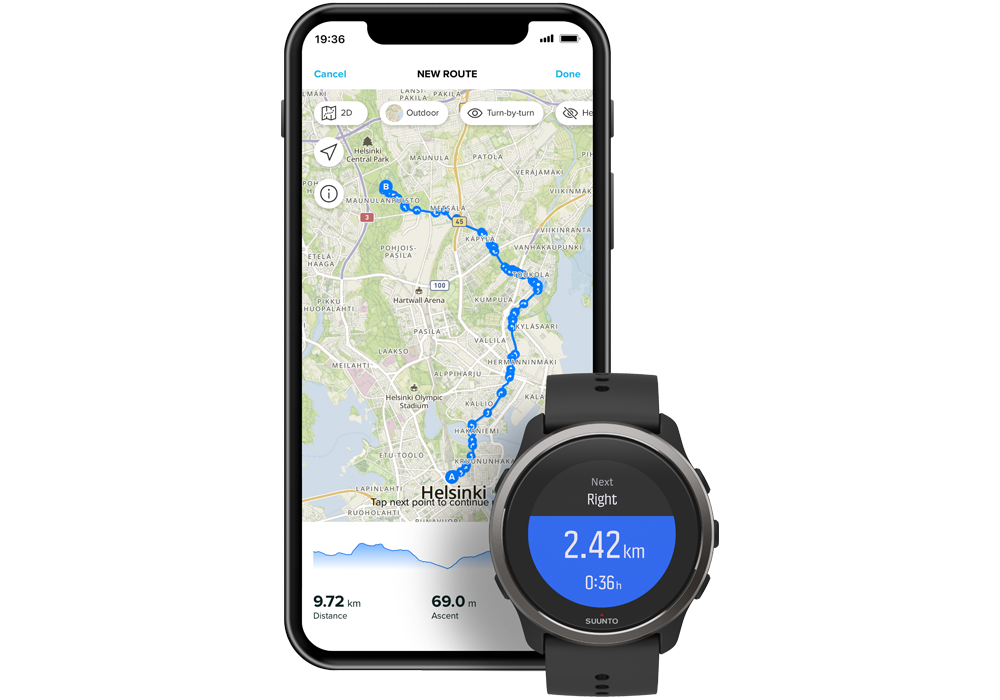 Turn-by-turn navigation displayed on Suunto app and Suunto watch