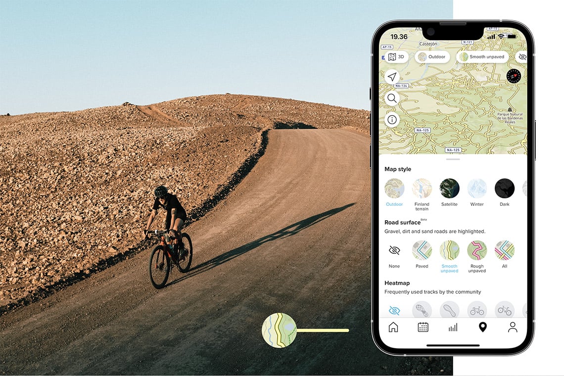 The new road surface map layer in Suunto app will help you find and plan the right route for your activity.