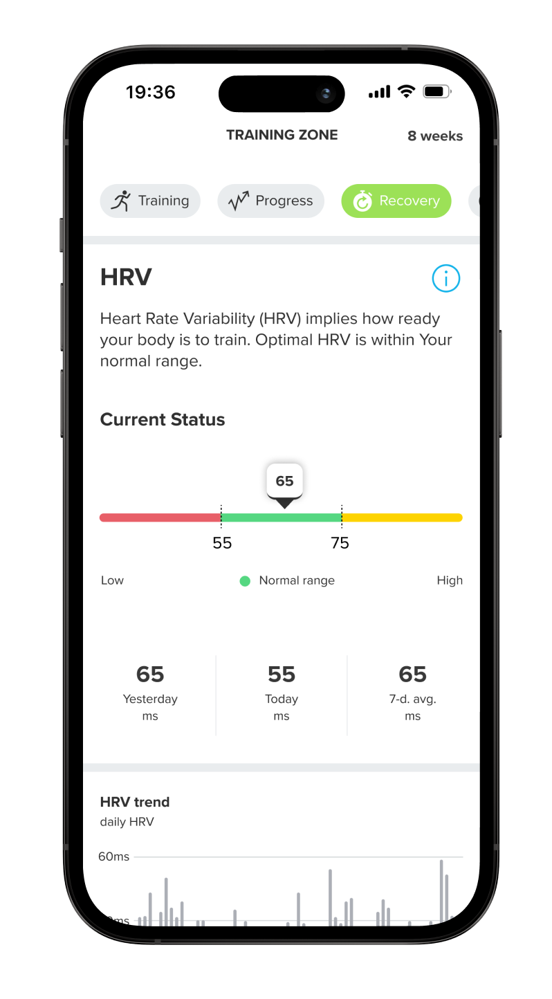 Suunto app visually represents your HRV recovery status as a bar indicator, offering insights into your recovery.
